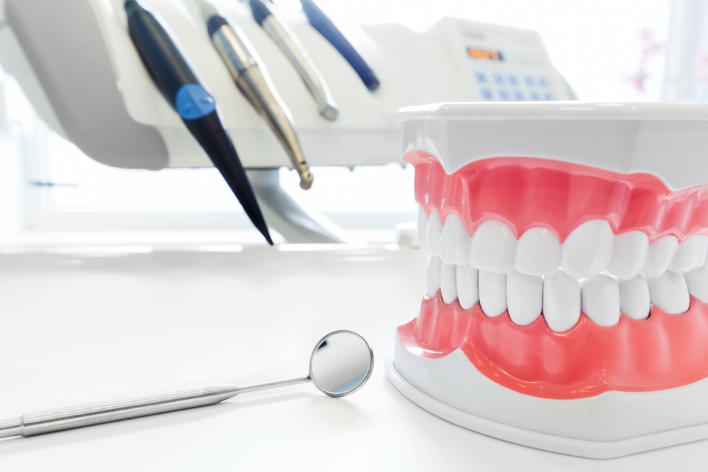 Dental Tools and Gum Model on Clinic Table – Gum Treatments A detailed model of gums and teeth sits beside a dental mirror and tools on a clean clinic table, representing oral health and gum care – Gum Treatments